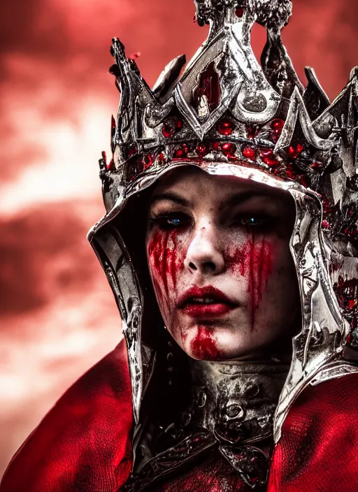 Image similar to the blood crown queen wear the scarlet armor, cinematic lighting, various refining methods, micro macro autofocus, ultra definition, award winning photo