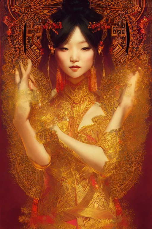 Image similar to tarot card artstation, portrait of an asian love dancer, sunrise, baroque ornamnet and rococo ornament, ancient chinese ornate, hyperdetailed, beautiful lighting, craig mullins, mucha, klimt, yoshitaka amano, red and gold and orange color palatte