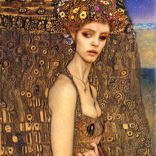 Image similar to goddess in desert, intricate detail, klimt, royo, whealan,