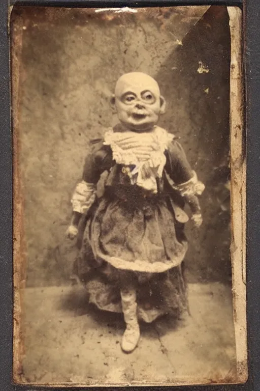 Image similar to dirty cracked crying vintage evil bald doll no mouth sitting in dirt basement cobwebs tintype photo