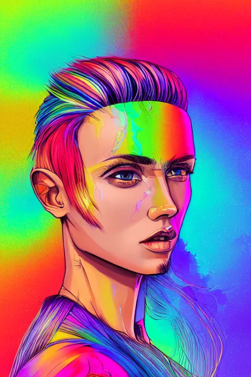 Image similar to a award winning half body portrait of a beautiful woman with stunning eyes in a printed croptop and cargo pants with rainbow colored ombre hairstyle head in motion and hair flying by josan gonzales, outrun, vaporware, shaded flat illustration, digital art, trending on artstation, highly detailed, fine detail, intricate