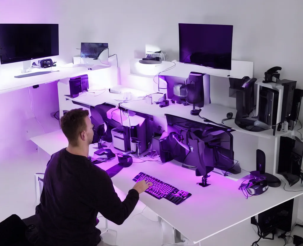 Prompt: a guy sitting on a blue ikea chair in front of a wall mounted monitor and a purple rgb keyboard and mouse on a white desk mounted to a white wall, the monitor also has purple backlighting and left to the guy is a purple RGB lighten gaming pc sitting on a white next table. From an view from behind the guy.