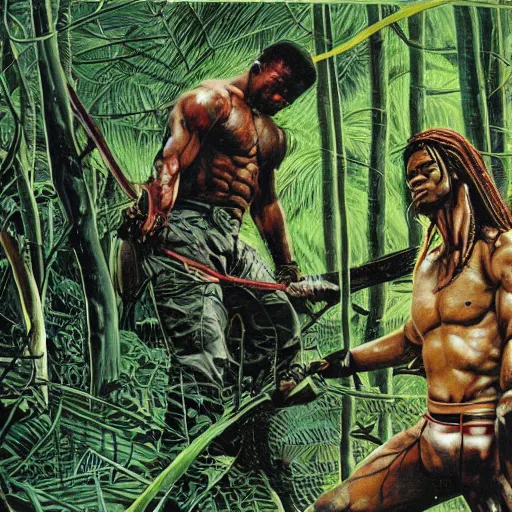 Prompt: Painting of Brad Pitt vs the Predator in a snowy jungle by Katsuhiro Otomo