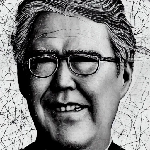 Image similar to Yoshitaka Amano realistic illustration of jeb bush ,hair fluttering in the wind, cracks on his face wearing Elden ring armour with engraving, abstract black and white patterns on the background, noisy film grain effect, highly detailed, Renaissance oil painting, weird portrait angle, blurred lost edges, three quarter view