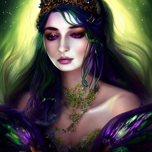 Image similar to detailed portrait of a fairy queen with wings wearing a silk robe, crown, pixie, iris, realism, emerald, galaxy, sapphire, moonlit, wearing a bejeweled face mask, dark fantasy, dramatic lighting, dreamlike, cgsociety, artstation