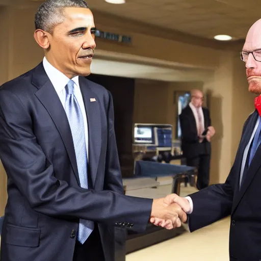 Prompt: Obama shaking hands with Walter White