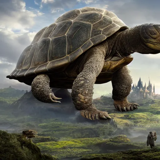 Image similar to giant tortoise walking with a large fantasy castle rising growing from the top of it, distant shot birds eye view, fantasy, hyper detailed, 4 k, howls moving castle, mortal engines,