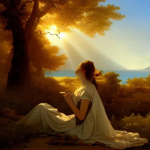 Prompt: a painting of a woman in a white dress pondering life as she watches the sun set, nature, a painting by claude joseph vernet, deviantart, fantasy art, sunrays shine upon it, deviantart, mystical