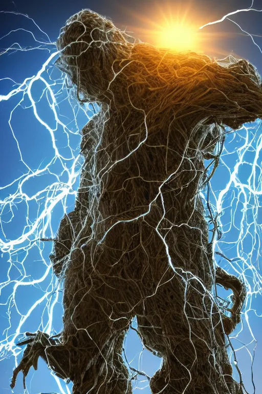 Image similar to high resolution photo of a humanlike creature bundled in electronic wires, overgrown, sparks, electricity, sun beams, rocks, devices, slime, tree roots, veins, lightning, big muscles, sweat, slime, troll, grown together, god rays, dark, skin, plastic wrap,