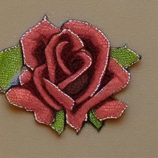 Prompt: photo of an intricately detailed representation of a accurate rose. Colored synthetic polymer blended with colored torn fabrics miniature on found newspaper.