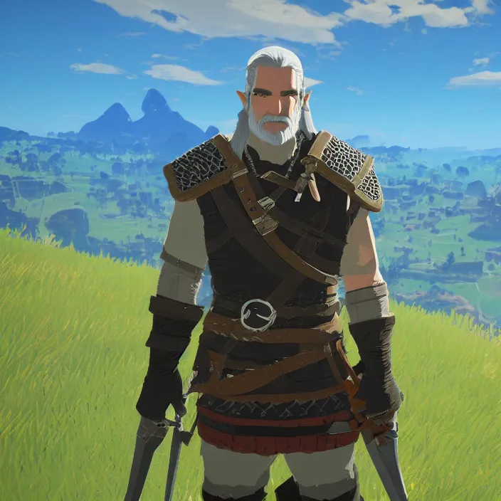 Prompt: Geralt of Rivia in The Legend of Zelda Breath of the Wild, detailed screenshot