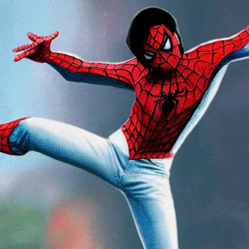 Prompt: Micheal Jackson playing spider man swinging with webs