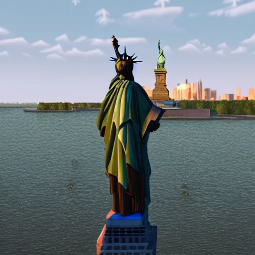 Image similar to mincraft steve at the statue of liberty, 4 k, photography, portrait, videogame