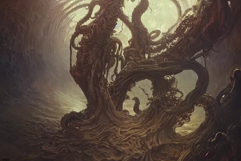 Prompt: a lovecraftian painting of a nightmare, cosmic horror elements, ultra realistic, concept art, intricate details, eerie, highly detailed, photorealistic, octane render, 8 k, unreal engine. art by artgerm and greg rutkowski and alphonse mucha
