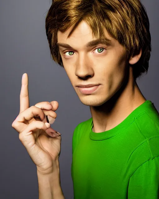 Image similar to dramatically - lit closeup portrait photograph of norville shaggy rogers from the scooby - doo live - action film ( 2 0 0 2 ), sharp details, vignette, high saturation, smooth textured skin, subsurface scattering, green shirt, electric background, photograph by mark mann and martin schoeller, 4 k, soft focus, centered, symmetrical