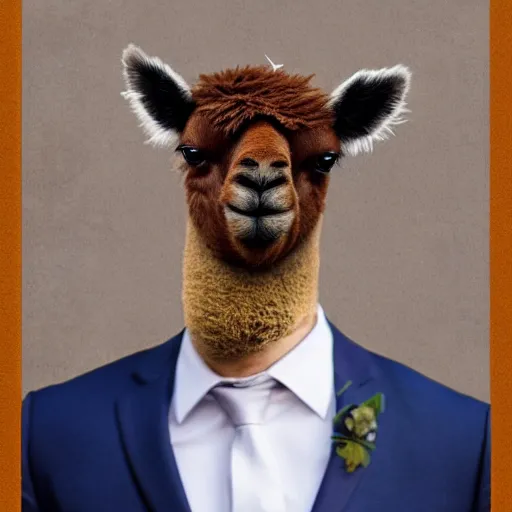 Prompt: a picture of half portrait of a single man in suit with an alpaca's head, symmetrical facial features, octane.