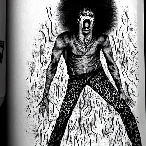 Image similar to animal print pants out of control. it's redfoo with a big afro! in the style of Stephen Gammell. Scary stories to tell in the dark. horror image. Scary! macabre illustration. crosshatching.