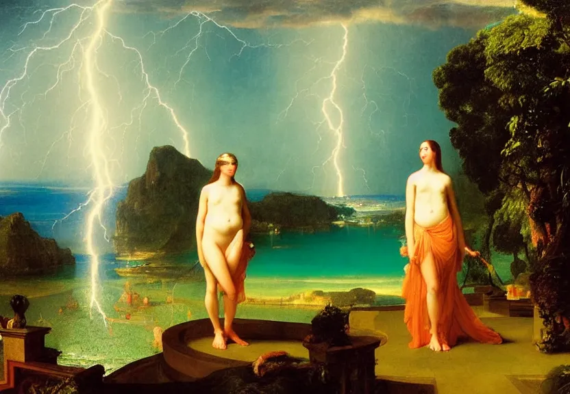 Prompt: Girl at the palace, refracted sparkles, thunderstorm, greek pool, beach and Tropical vegetation on the background major arcana sky, by paul delaroche, hyperrealistic 4k uhd, award-winning, very very very detailed