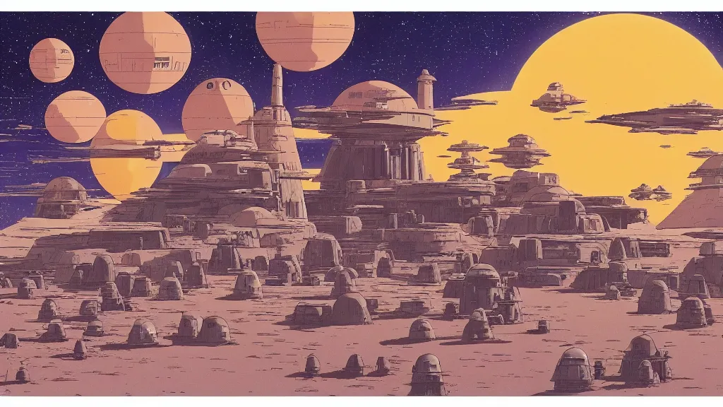 Prompt: wide shot tatooine landscape Star Wars a new hope 1977 studio ghibli Miyazaki animation highly detailed 70mm