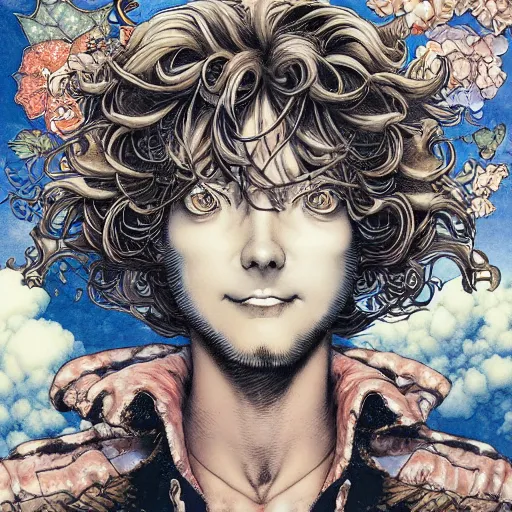 Prompt: portrait closeup of crazy peter pan, symmetrical, by yoichi hatakenaka, masamune shirow, josan gonzales and dan mumford, ayami kojima, takato yamamoto, barclay shaw, karol bak, yukito kishiro