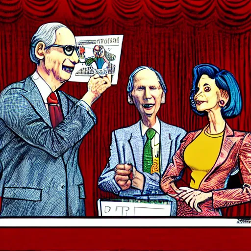 Prompt: The Artwork of R. Crumb and his Cheap Suit Mitch McConnell and Nancy Pelosi, pencil and colored marker artwork, trailer-trash lifestyle