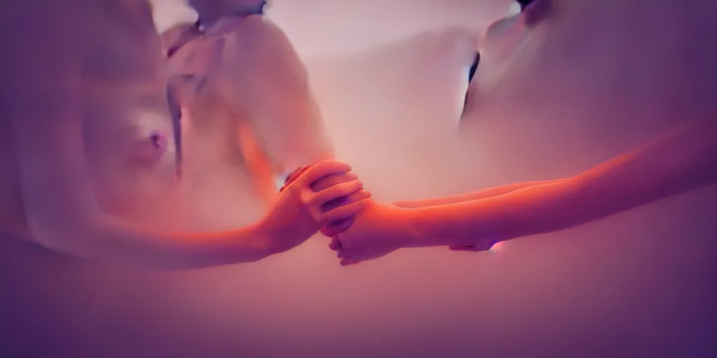 Image similar to a blurry closeup picture of gorgeous human bodies intertwined, female bodies, hands, dripping wet, macro photography, long exposure photograph, surrealism, anamorphic bokeh, cozy, soft light, cyan and orange, caustic, atmospheric fog, octane render, cinematic