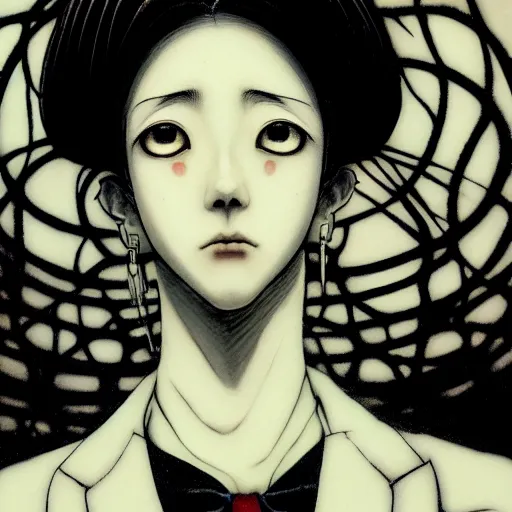 Image similar to yoshitaka amano blurred and dreamy realistic three quarter angle horror portrait of a sinister young woman with short hair, big earrings and white eyes wearing office suit with tie, black and white junji ito abstract patterns in the background, satoshi kon anime, noisy film grain effect, highly detailed, renaissance oil painting, weird portrait angle, blurred lost edges