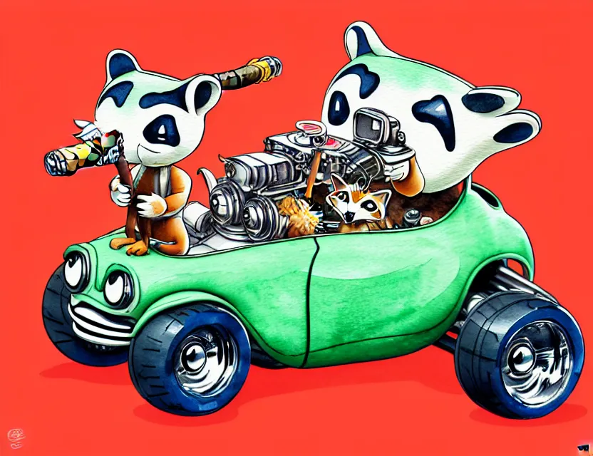 Image similar to cute and funny,'racoon smoking a cigar'riding in a tiny hot rod with oversized engine, ratfink style by ed roth, centered award winning watercolor pen illustration, isometric illustration by chihiro iwasaki, edited by range murata, tiny details by artgerm and watercolor girl, symmetrically isometrically centered