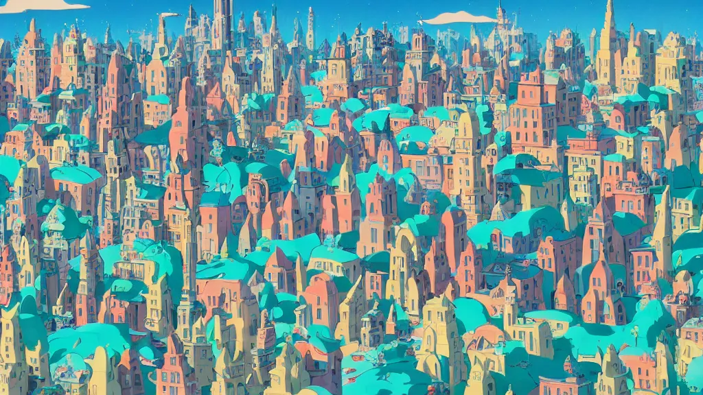 Prompt: city with buildings made entirely of decorated cakes, icing, gouache, ghibli animated film, stylised, illustration, by eyvind earle, scott wills, genndy tartakovski