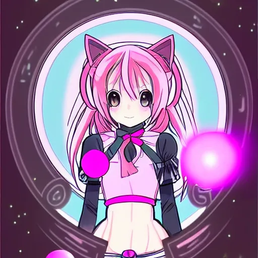 Prompt: digital card art of anime (cat) girl with cat ears surrounded by magic circles. Pink hue. Highly detailed. Beautiful