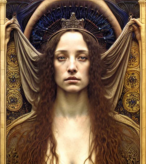 Image similar to detailed realistic beautiful young medieval queen face portrait by jean delville, gustave dore and marco mazzoni, art nouveau, symbolist, visionary, gothic, pre - raphaelite. horizontal symmetry by zdzisław beksinski, iris van herpen, raymond swanland and alphonse mucha. highly detailed, hyper - real, beautiful