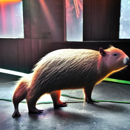 Prompt: capybara wearing shades in a night club, trippy club lighting