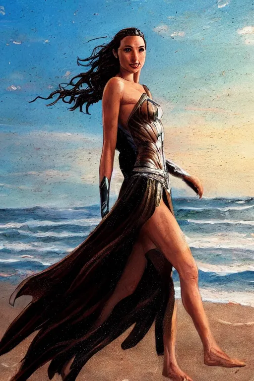 Image similar to full body illustration of gal gadot on the beach in the style of steve hanks, 4 k, detailed, 1 / 3 headroom, rule of thirds