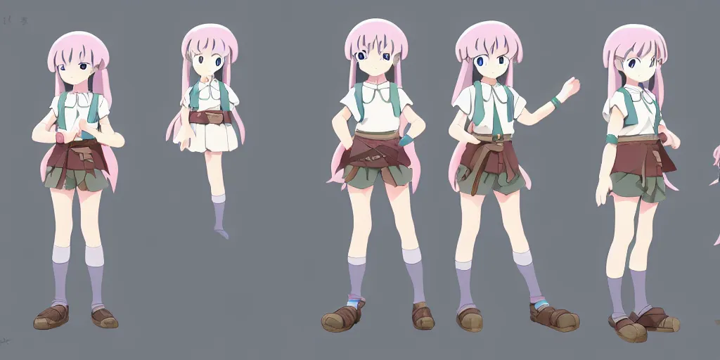 Image similar to a magical adventurer little girl character anime model sheet; in the magical studio ghibli anime; character outfit concepts; trending on artstation, highly detailed, clean lineart