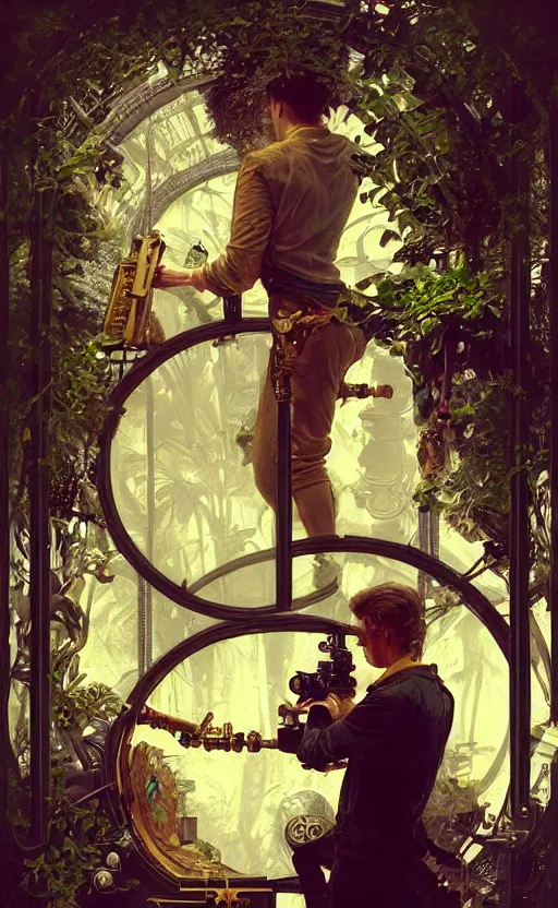 Image similar to hyper realistic male photographer looking through a vintage steampunk medium format camera, design on white background, beautiful details, lush foliage cyberpunk, gold, drawn by john singer sargent, tom bagshaw, norman rockwell, alphonso mucha, lolish, trending on artstation