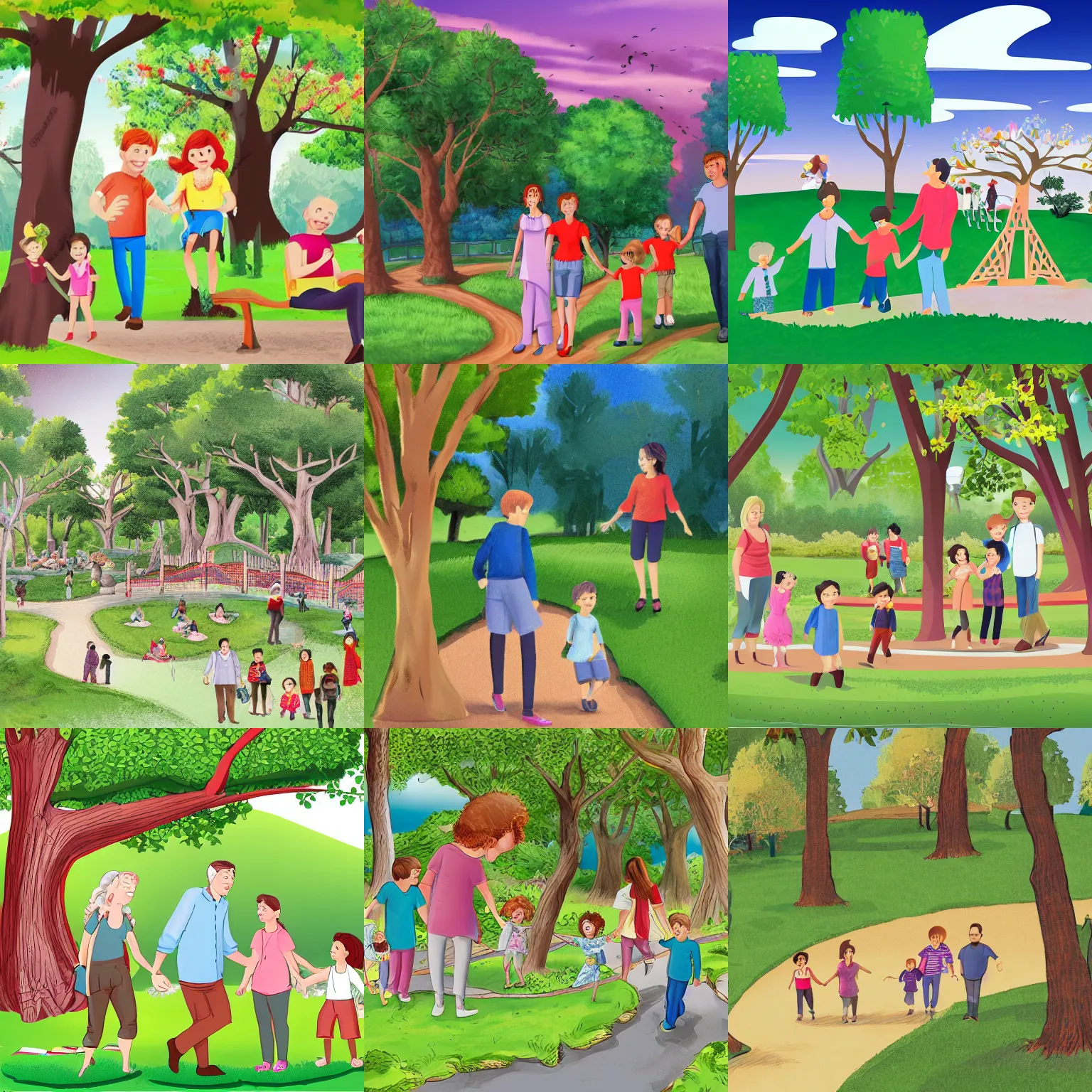 Prompt: a family visiting park, storybook illustration