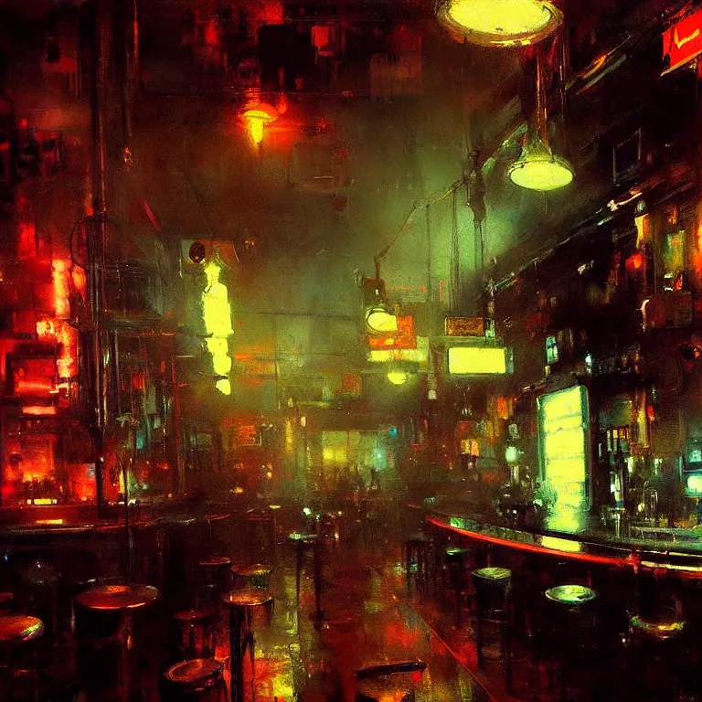 Image similar to neon bar interior by jeremy mann greg rutkowski beautiful detailed painting