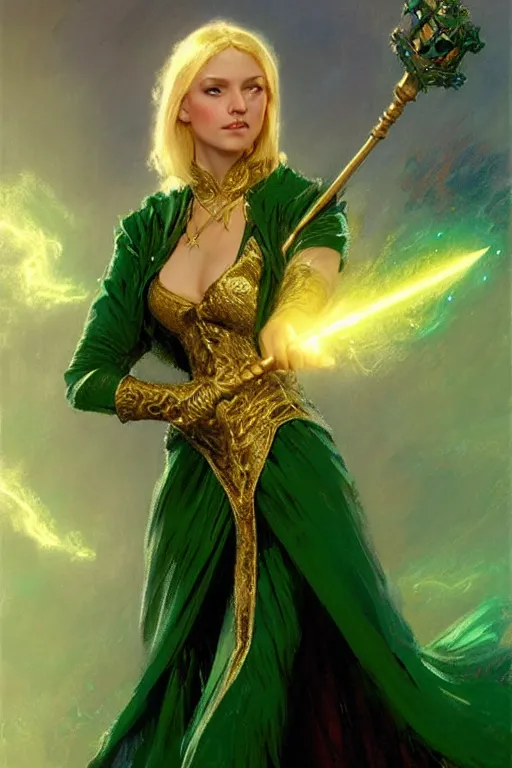 Image similar to blonde female wizard in a green victorian style dress, holding a magical sceptre, and wearing a gold ring portrait dnd, painting by gaston bussiere, craig mullins, greg rutkowski, yoji shinkawa