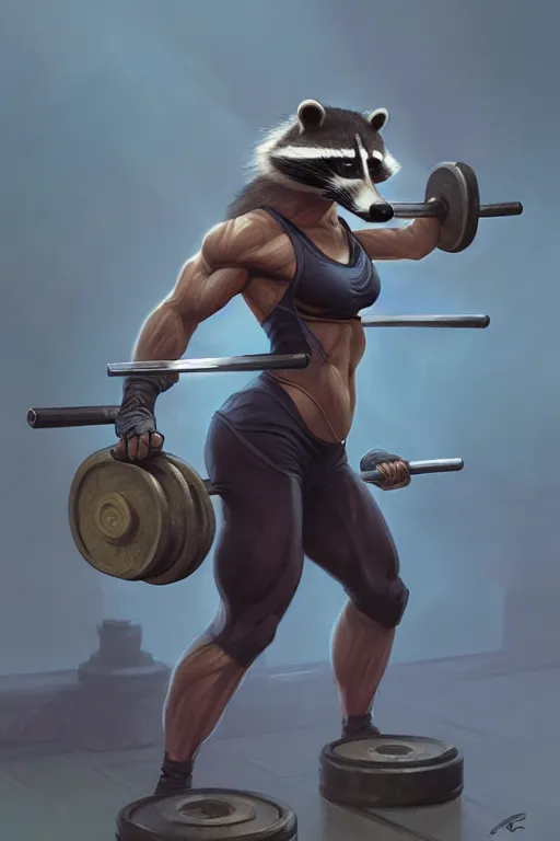 Image similar to anthro raccoon lifting weights, dim dingy gym, dynamic pose, fantasy, intricate, elegant, highly detailed, digital painting, artstation, concept art, matte, sharp focus, illustration, art by artgerm and greg rutkowski and alphonse mucha