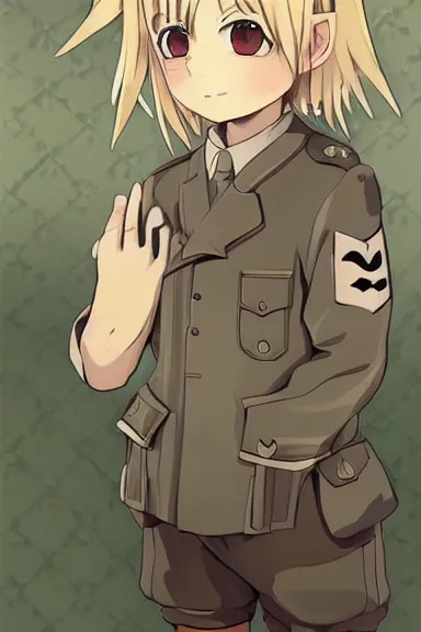 Prompt: beautiful little blonde boy in nazi male uniform posing. made in abyss art style, sharps focus, cute detailed artwork, anatomically correct, soft details, ilya kuvshinov, reflection, perfect composition, wallpaper mobile, illumination, digital art, detailed anime soft face, symmetrical face, western comic, illustration, realistic, nazism, lois van baarle