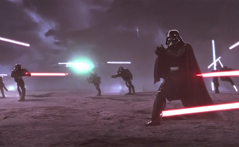 Prompt: iconic cinematic screenshot of imperial empire invasion on sith planet, from the action packed scene from the 8 0 s star wars sci fi film by stanley kubrick, glowing lasers, 4 k uhd, highly detailed scene, phot real, anamorphic lenses 2 4 mm, lens flare, award winning