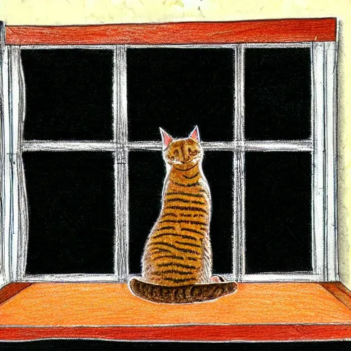 Image similar to a tabby cat named clarence laying on a table looking out the window, it is a sunny day, in the style of a hand drawn pencil sketch