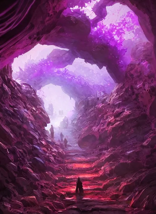 Image similar to zergling tunnel in cave of purple crystals, beautiful painting by greg rutkowski, trending on artstation