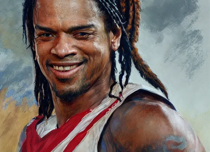 Image similar to a highly detailed beautiful portrait of ronaldinho as kratos, by gregory manchess, james gurney, james jean