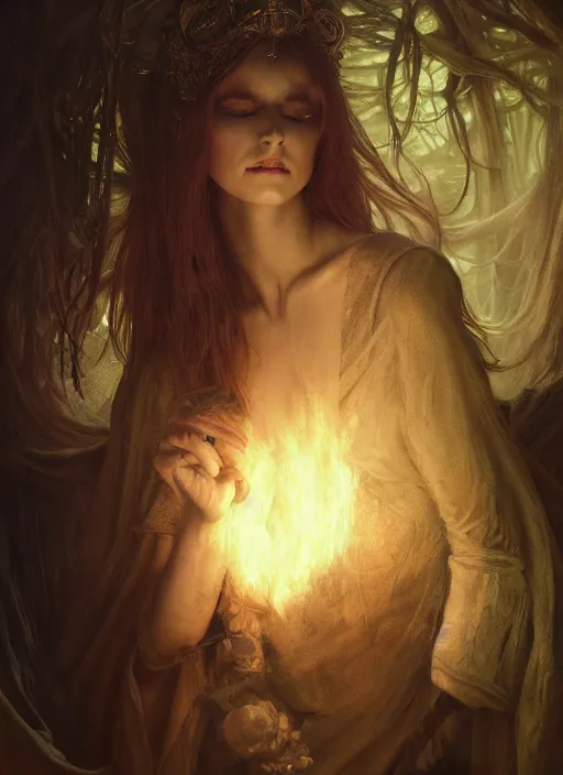 Image similar to inside covens den, diffuse lighting, fantasy epic, hdrp smoke, intricate facial detailing, highly detailed, lifelike, photorealistic, digital painting, artstation, unreal 5, concept art, smooth, sharp focus, art by john collier and albert aublet and krenz cushart and artem demura and alphonse mucha