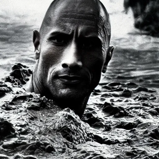 Image similar to film still, close up, dwayne johnson rising out of muddy vietnam river, face covered in mud, low camera angle at water level, night time, film still from apocalypse now ( 1 9 7 9 ), 2 6 mm