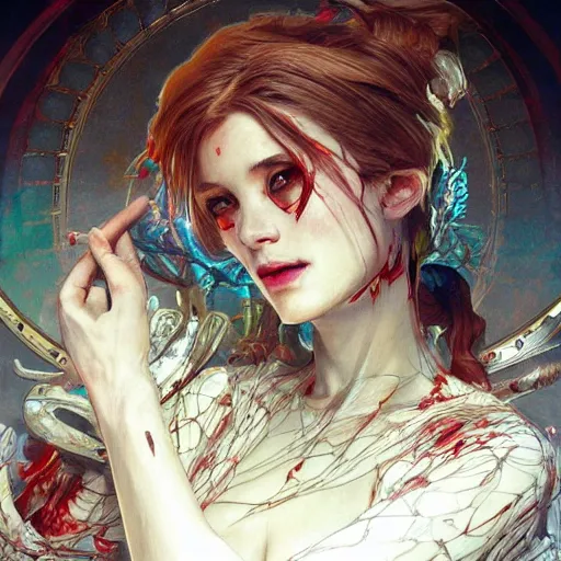 Image similar to a pc made out of flesh, gaming pc case, skin on the gaming pc, skinned alive, blood, teeth, intricate, highly detailed, digital painting, artstation, concept art, smooth, sharp focus, illustration, art by artgerm and greg rutkowski and alphonse mucha