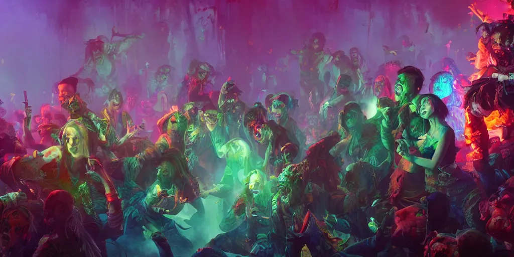 Image similar to a zombie disco party, vivid colors, extremely detailed digital painting, in the style of fenghua zhong and ruan jia and jeremy lipking and peter mohrbacher, mystical colors, rim light, beautiful lighting, 8 k, stunning scene, raytracing, octane, trending on artstation