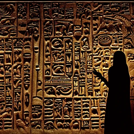 Prompt: realistic photography of a lovecraftian monster looking at hieroglyphs, eerie atmosphere, cinematic lighting, by ridley scott