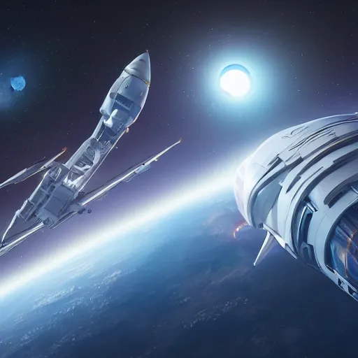 Prompt: large spaceship in space with white neon lights with two large earth - like planets in the background, cinematic, epic, 4 k, concept art by feng zhu